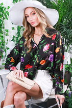 Black Floral Printed Satin Blouse Top