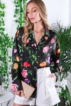 Black Floral Printed Satin Blouse Top
