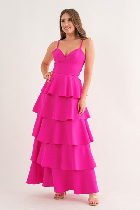 Fuchsia Sleeveless Tiered Midi Dress