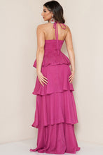 Magenta Halter Neck Ruffle Lyered Maxi Dress