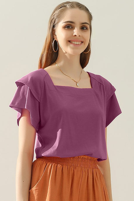 Dark Purple Square Neck Ruffle Cake Sleeve Top