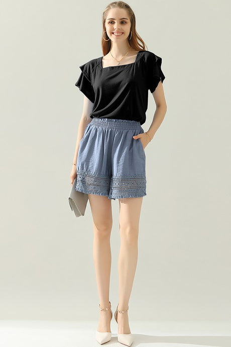 Black Square Neck Ruffle Cake Sleeve Top