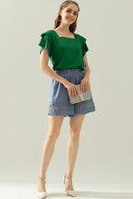 Green Square Neck Ruffle Cake Sleeve Top