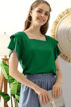 Green Square Neck Ruffle Cake Sleeve Top