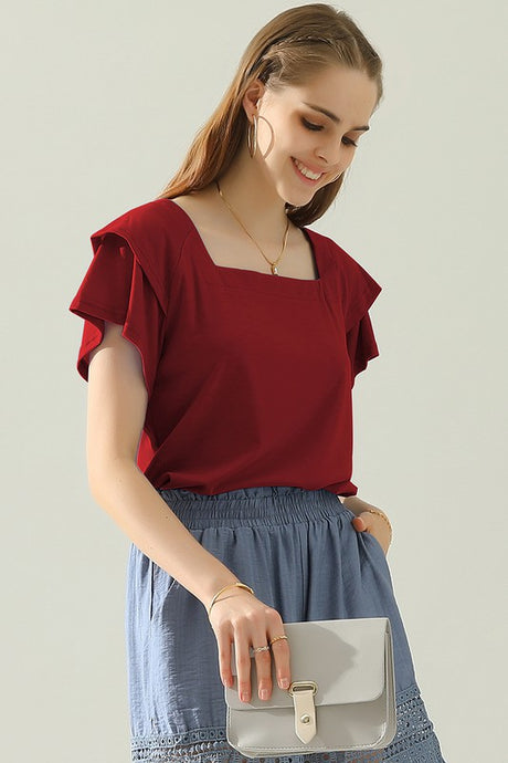 Wine Square Neck Ruffle Cake Sleeve Top