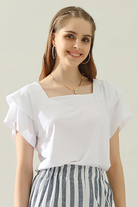 White Square Neck Ruffle Cake Sleeve Top