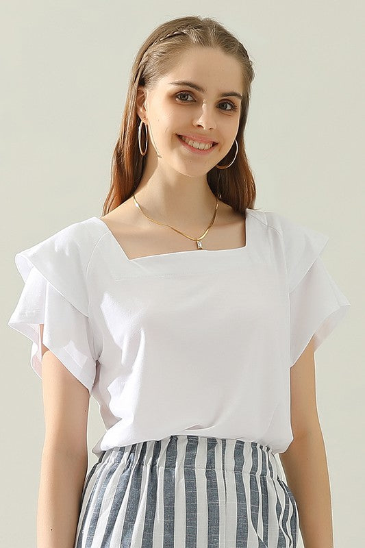 White Square Neck Ruffle Cake Sleeve Top