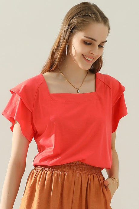 Orange Square Neck Ruffle Cake Sleeve Top