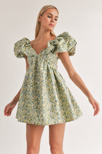 Green/Yellow Puff Sleeve Mini Dress