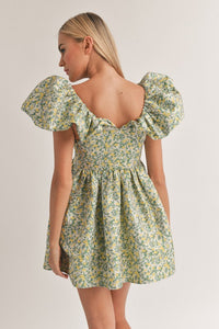 Green/Yellow Puff Sleeve Mini Dress