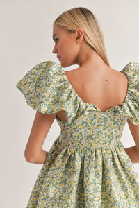 Green/Yellow Puff Sleeve Mini Dress