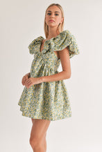 Green/Yellow Puff Sleeve Mini Dress