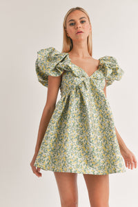 Green/Yellow Puff Sleeve Mini Dress