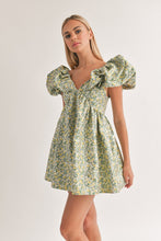 Green/Yellow Puff Sleeve Mini Dress