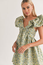 Green/Yellow Puff Sleeve Mini Dress