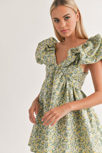 Green/Yellow Puff Sleeve Mini Dress