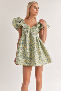 Green/Yellow Puff Sleeve Mini Dress