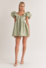 Green/Yellow Puff Sleeve Mini Dress