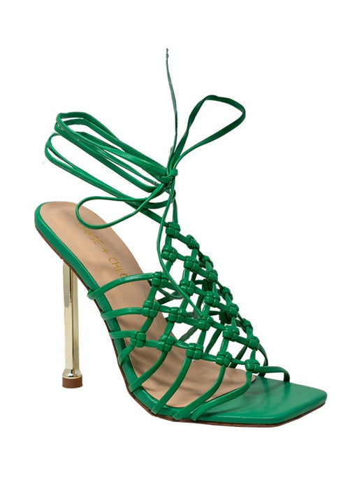 Green Women's Wrap Up Caged Woven Strap Heel