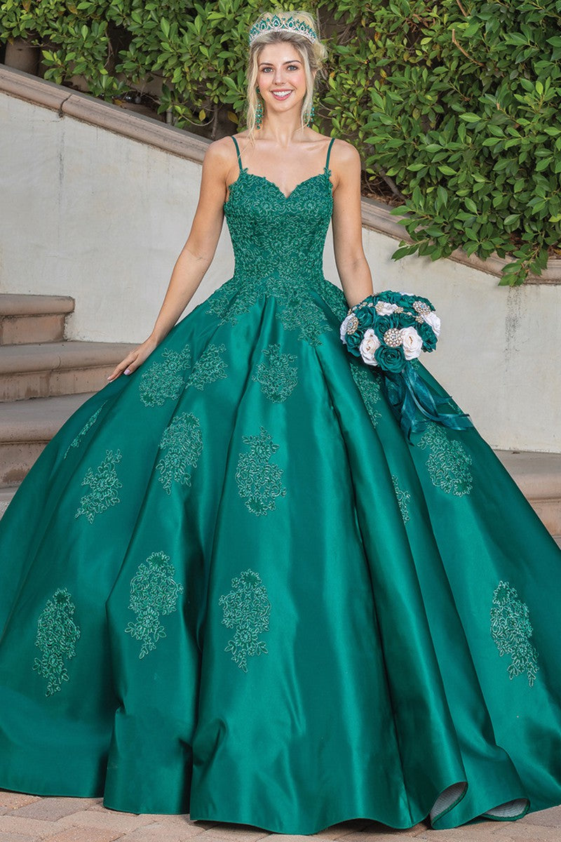 Hunter Green Lace Top Shoulder Straps Quinceanera Ball Gown