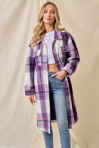 Purple Brushed Flannel Plaid Button Pocketed Shacket