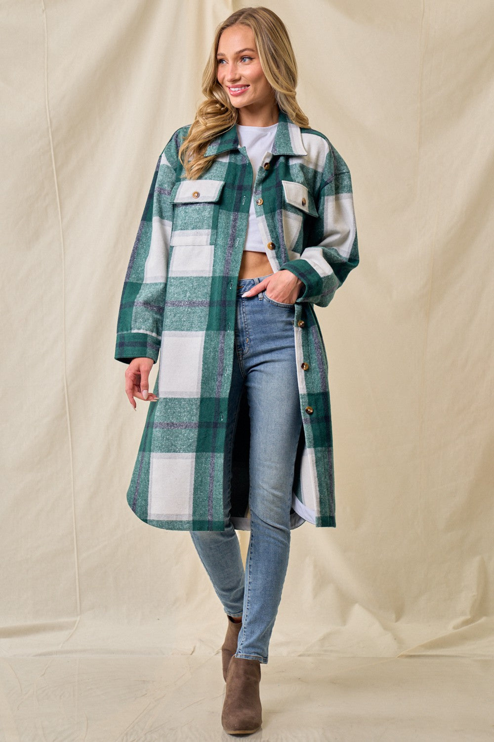 Green Brushed Flannel Plaid Button Pocketed Shacket