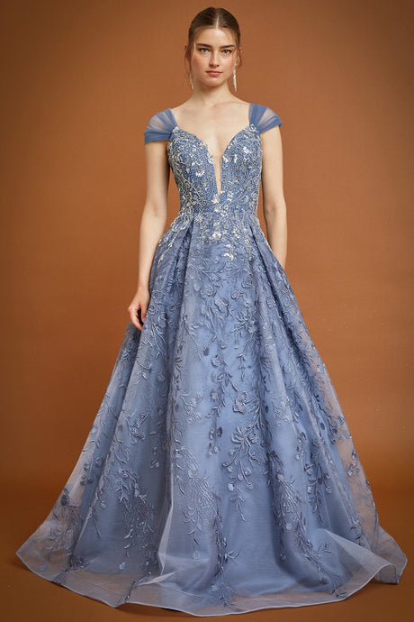 Dusty Blue Off Shoulder V Neck Embroidery Ball Gown