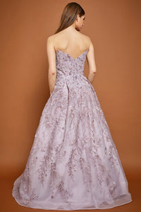 Mauve Off Shoulder V Neck Embroidery Ball Gown