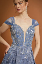Dusty Blue Off Shoulder V Neck Embroidery Ball Gown