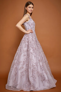 Mauve Off Shoulder V Neck Embroidery Ball Gown
