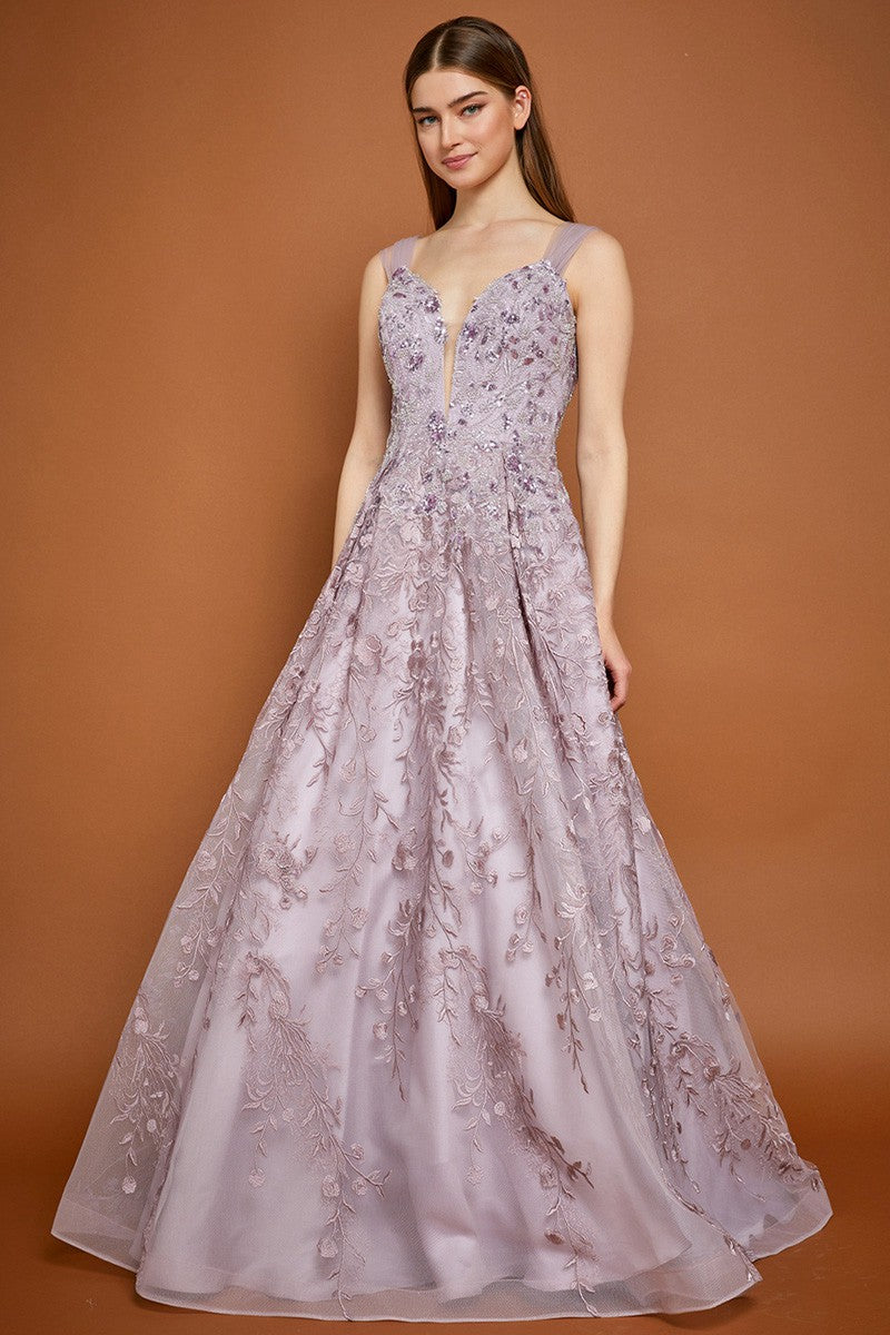 Mauve Off Shoulder V Neck Embroidery Ball Gown