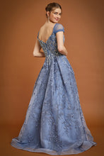 Dusty Blue Off Shoulder V Neck Embroidery Ball Gown