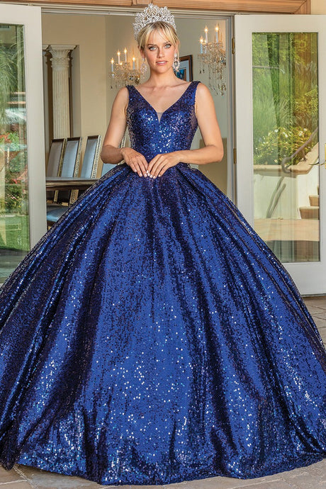 Navy Deep V Neck Sequin Quinceanera Ball Gown