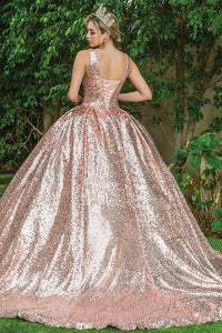 Rose Gold Deep V Neck Sequin Quinceanera Ball Gown