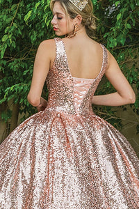 Rose Gold Deep V Neck Sequin Quinceanera Ball Gown