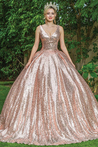 Rose Gold Deep V Neck Sequin Quinceanera Ball Gown