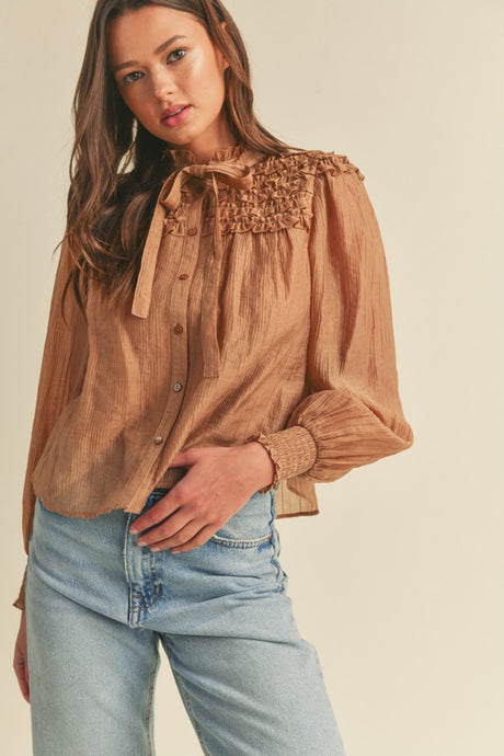 Mocaccino Ruffle Yoke Balloon Sleeve Top