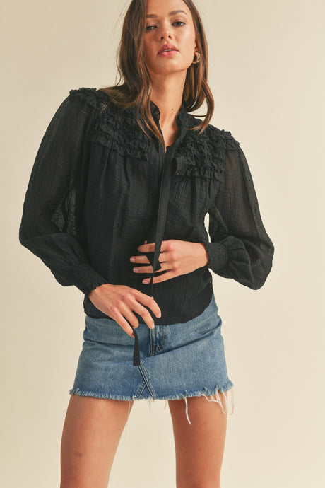 Black Ruffle Yoke Balloon Sleeve Top