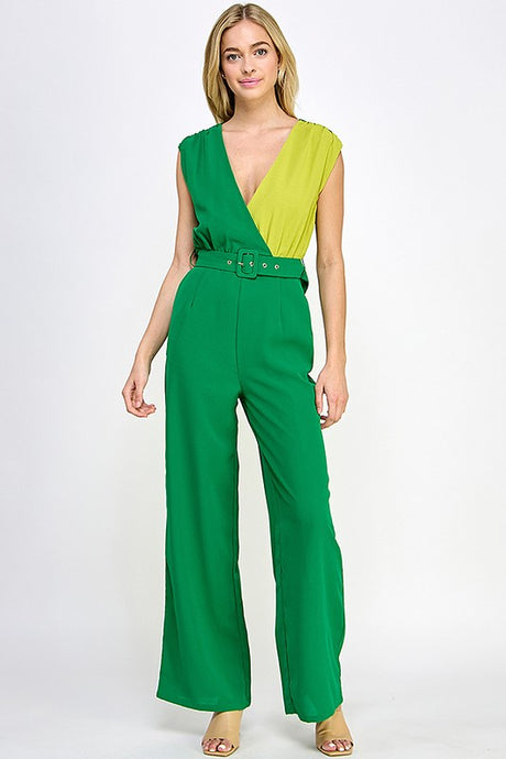 Green Sleeveless Jumpsuit With Color Block Top