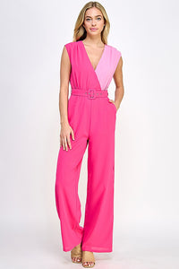 Fuchsia Sleeveless Jumpsuit With Color Block Top