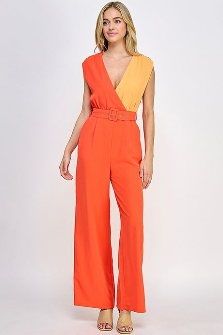 Orange Sleeveless Jumpsuit With Color Block Top