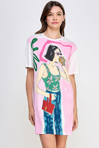 Pink Short Slv R Nck Graphic Mini Dress