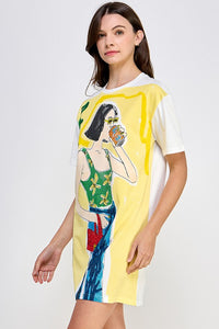 Yellow Short Slv R Nck Graphic Mini Dress