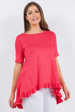 Coral Solid Ruffle Short Sleeves Hi-Lo Tunic Top