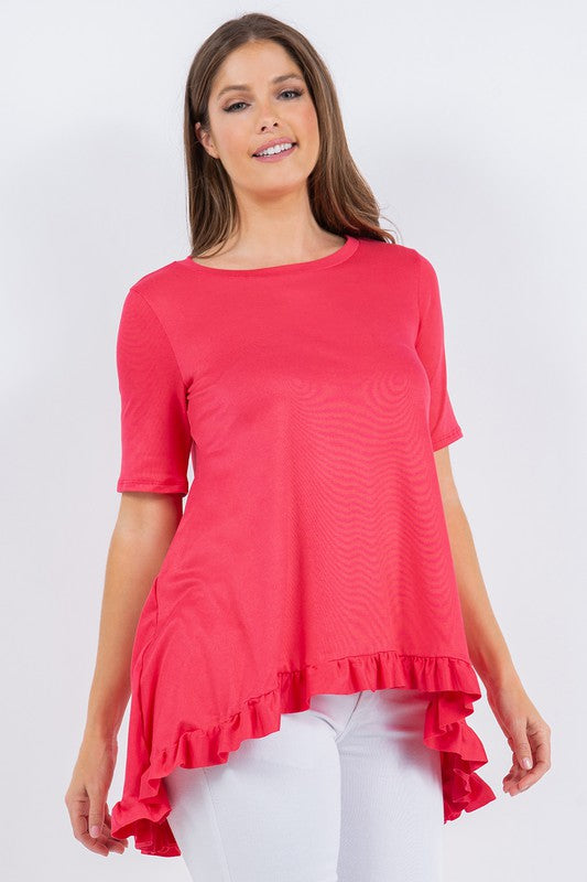 Coral Solid Ruffle Short Sleeves Hi-Lo Tunic Top
