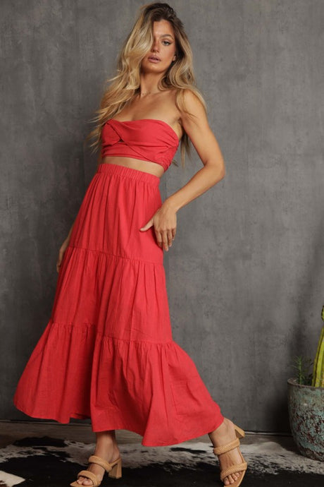 Red Smocking Top With Tiered Ruffle Skirt Set