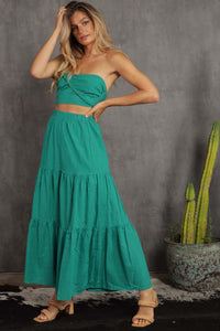 Green Smocking Top With Tiered Ruffle Skirt Set