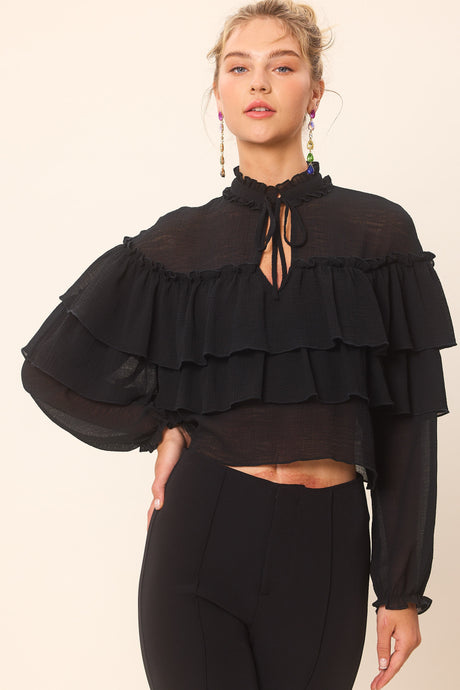 Black Ruffle Detailed Blouse Top