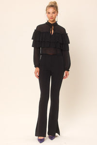 Black Center-Leg Seam Detailed Side Slit Flare Pants