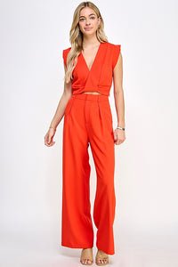 Tomato Band Sleeve Surplice Top With Pants Set